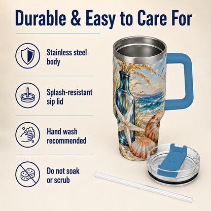 #pl[40oz|Blue] Seashell Starfish 40oz Tumbler with Handle, Stainless Steel Travel Cup