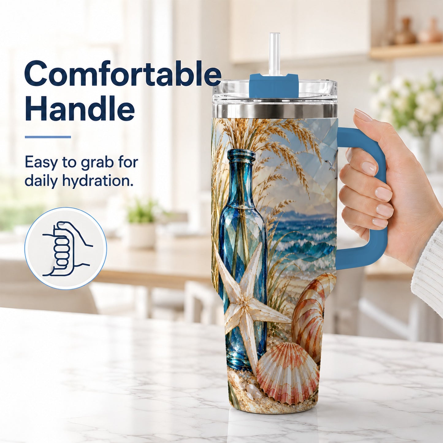 #pl[40oz|Blue] Seashell Starfish 40oz Tumbler with Handle, Stainless Steel Travel Cup