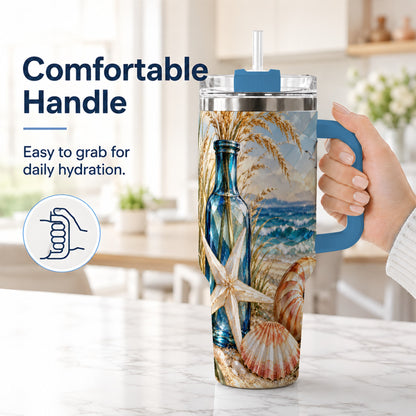 #pl[40oz|Blue] Seashell Starfish 40oz Tumbler with Handle, Stainless Steel Travel Cup