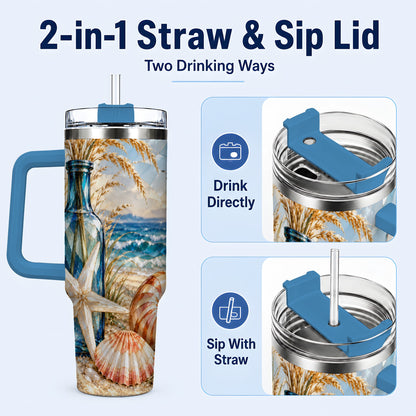 #pl[40oz|Blue] Seashell Starfish 40oz Tumbler with Handle, Stainless Steel Travel Cup