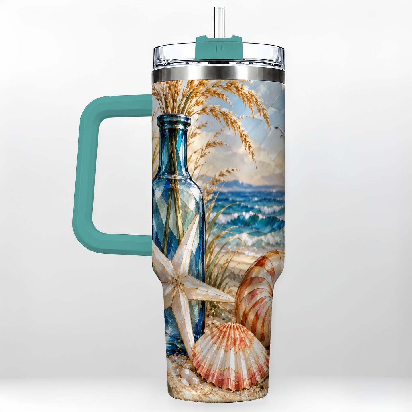 #pl[40oz|Green] Seashell Starfish 40oz Tumbler with Handle, Stainless Steel Travel Cup