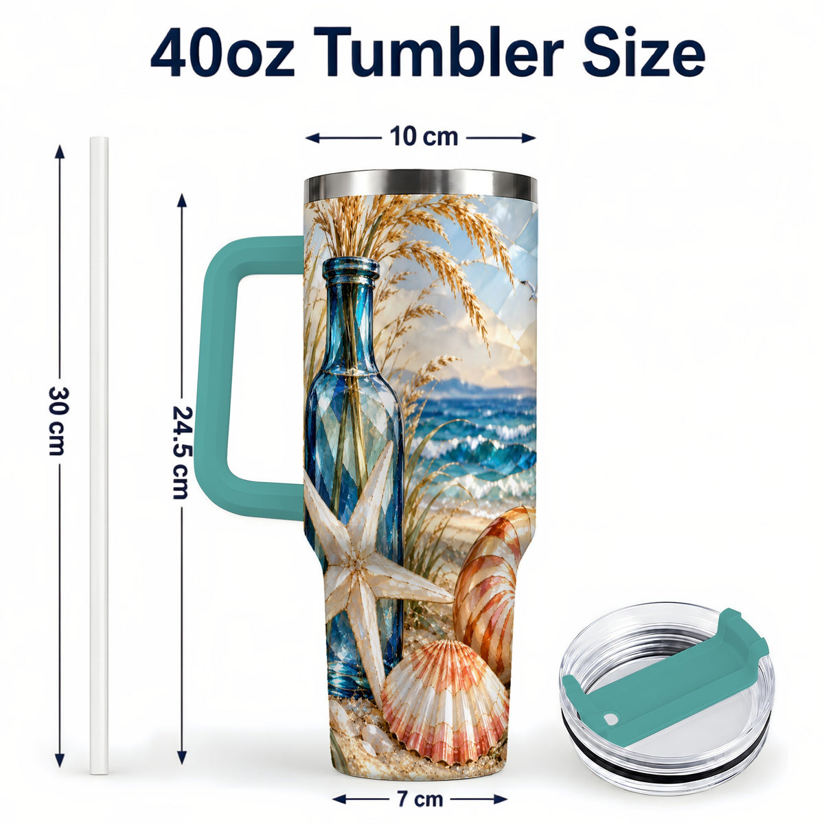 #pl[40oz|Green] Seashell Starfish 40oz Tumbler with Handle, Stainless Steel Travel Cup
