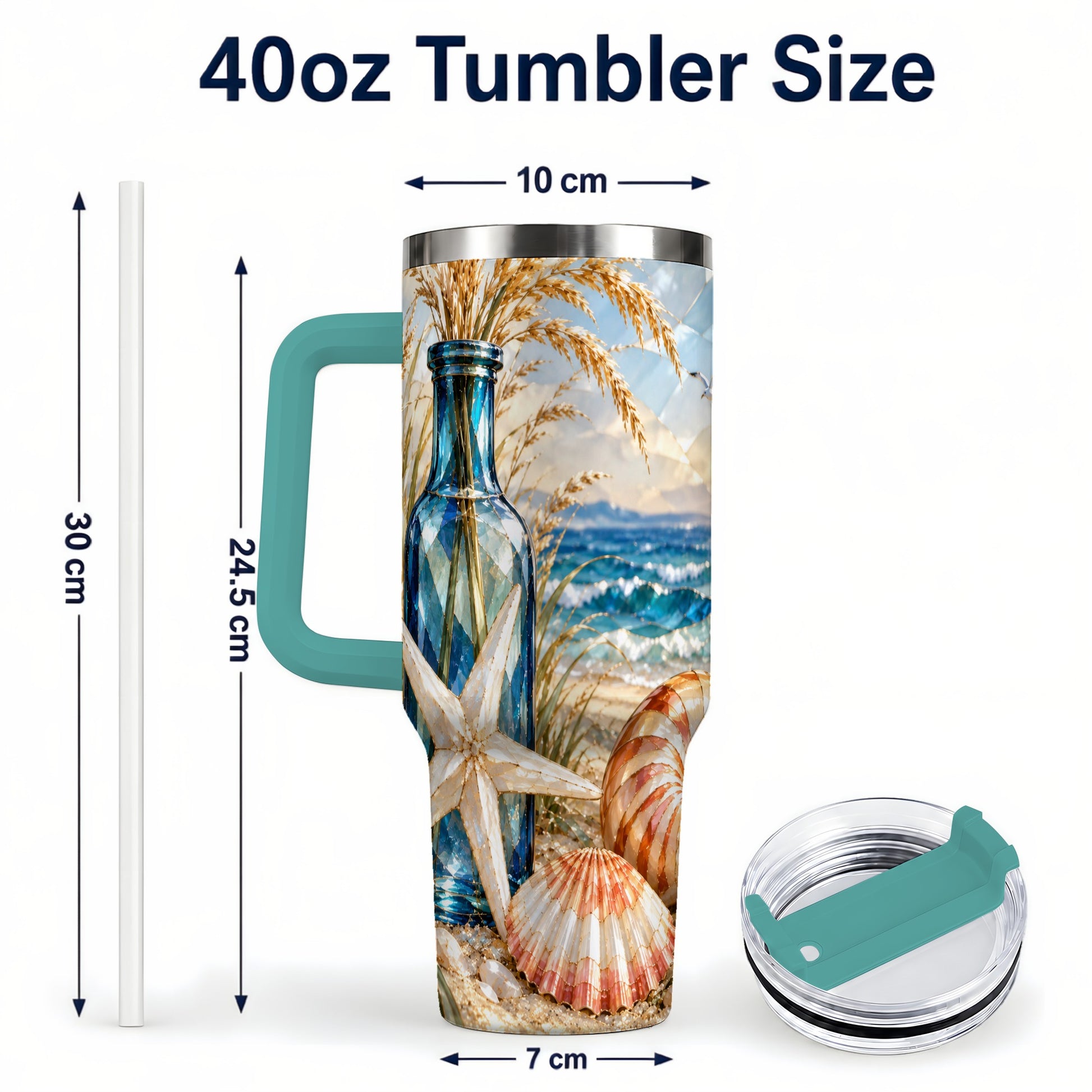 #pl[40oz|Green] Seashell Starfish 40oz Tumbler with Handle, Stainless Steel Travel Cup