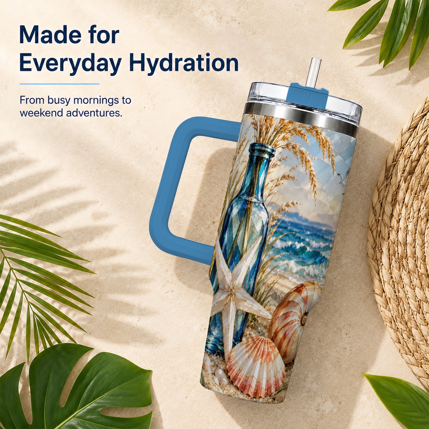 #pl[40oz|Blue] Seashell Starfish 40oz Tumbler with Handle, Stainless Steel Travel Cup