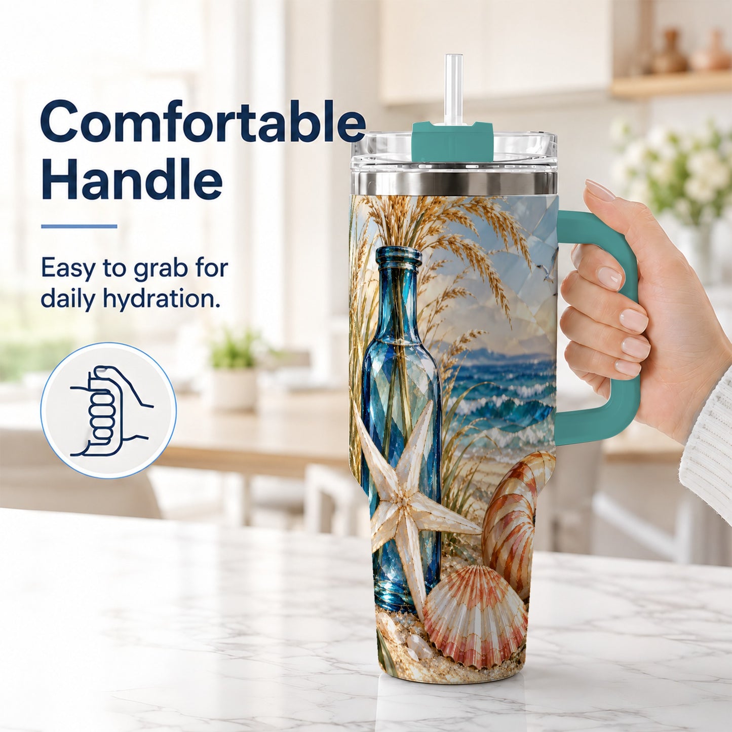#pl[40oz|Green] Seashell Starfish 40oz Tumbler with Handle, Stainless Steel Travel Cup
