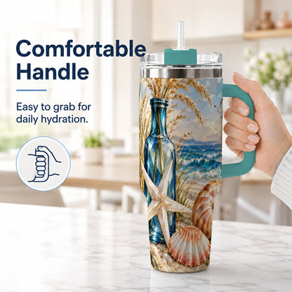 #pl[40oz|Green] Seashell Starfish 40oz Tumbler with Handle, Stainless Steel Travel Cup