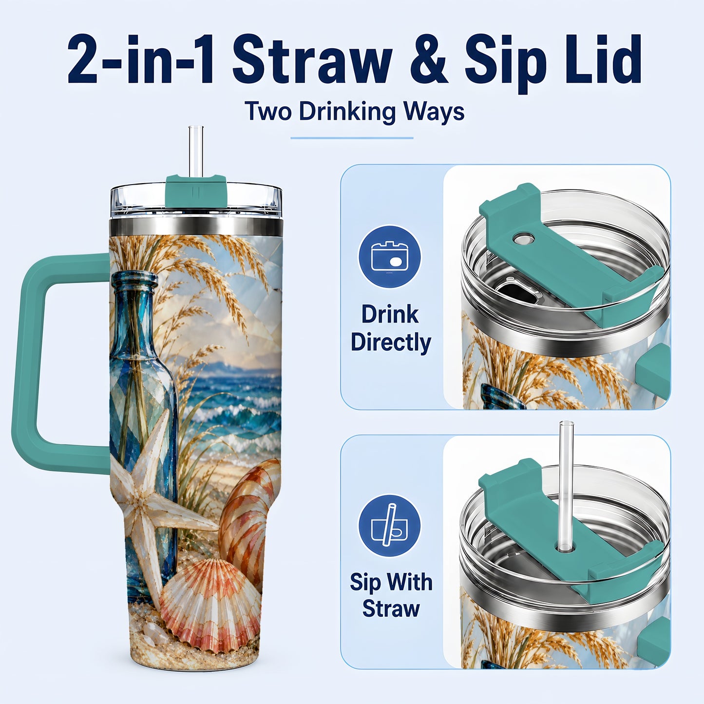 #pl[40oz|Green] Seashell Starfish 40oz Tumbler with Handle, Stainless Steel Travel Cup
