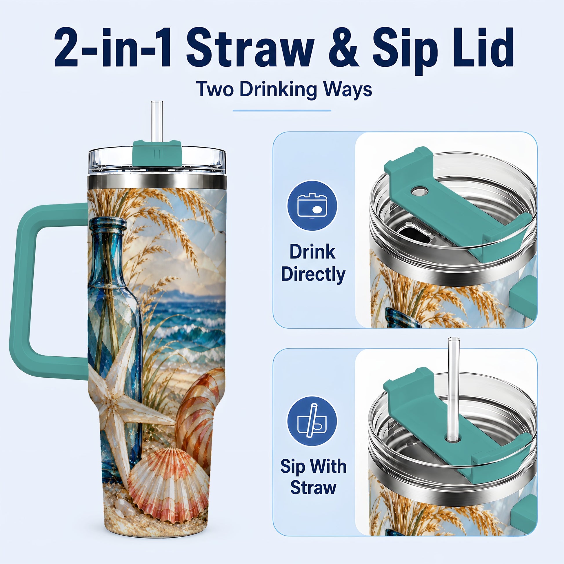 #pl[40oz|Green] Seashell Starfish 40oz Tumbler with Handle, Stainless Steel Travel Cup