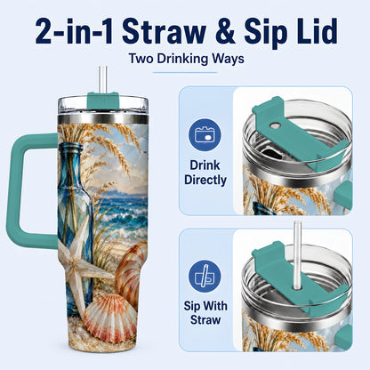 #pl[40oz|Green] Seashell Starfish 40oz Tumbler with Handle, Stainless Steel Travel Cup