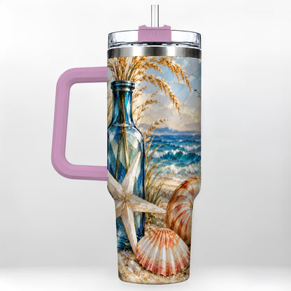 #pl[40oz|Pink] Seashell Starfish 40oz Tumbler with Handle, Stainless Steel Travel Cup