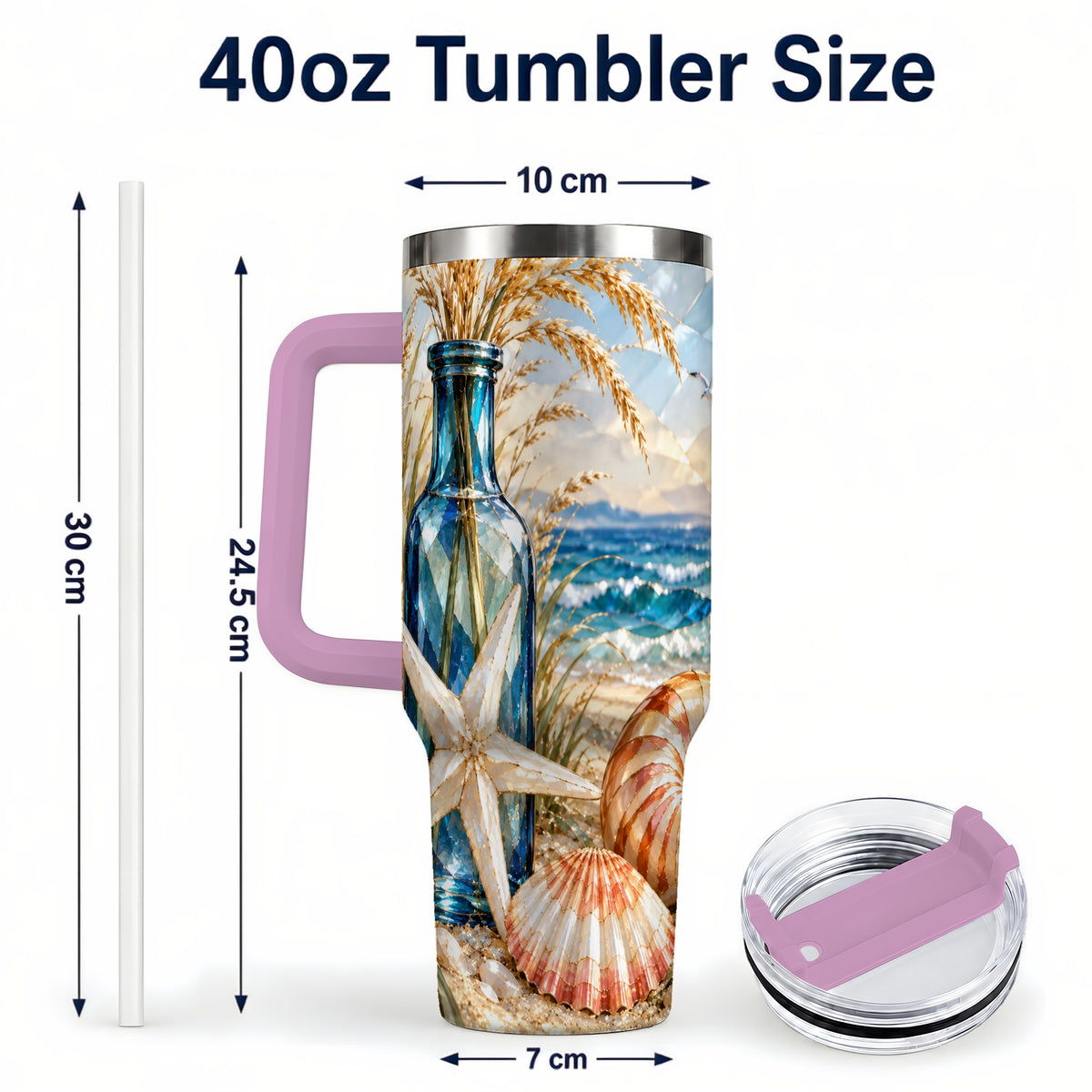 #pl[40oz|Pink] Seashell Starfish 40oz Tumbler with Handle, Stainless Steel Travel Cup
