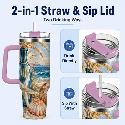 #pl[40oz|Pink] Seashell Starfish 40oz Tumbler with Handle, Stainless Steel Travel Cup