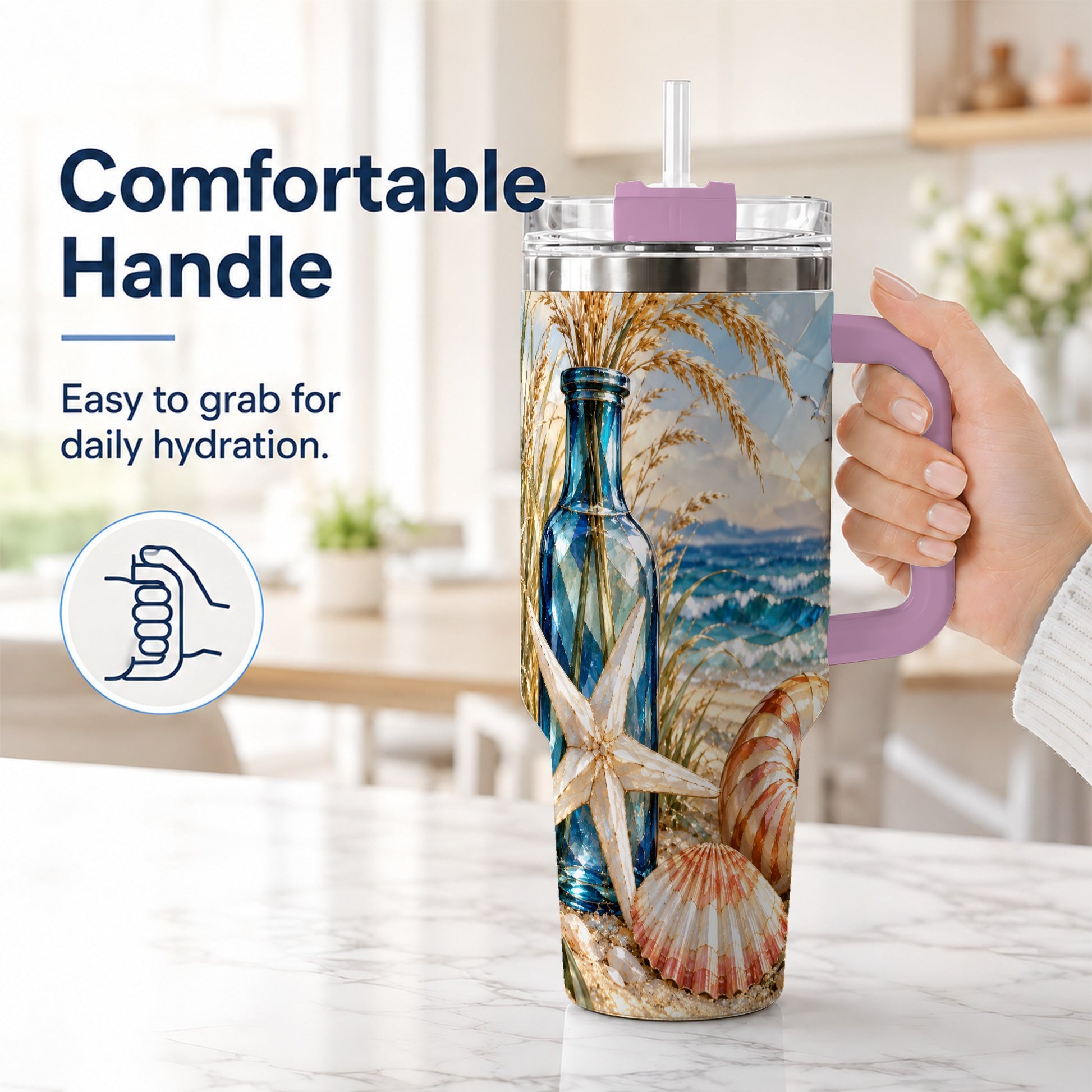 #pl[40oz|Pink] Seashell Starfish 40oz Tumbler with Handle, Stainless Steel Travel Cup