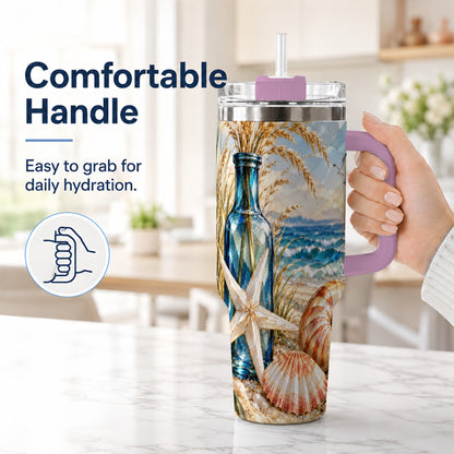 #pl[40oz|Pink] Seashell Starfish 40oz Tumbler with Handle, Stainless Steel Travel Cup