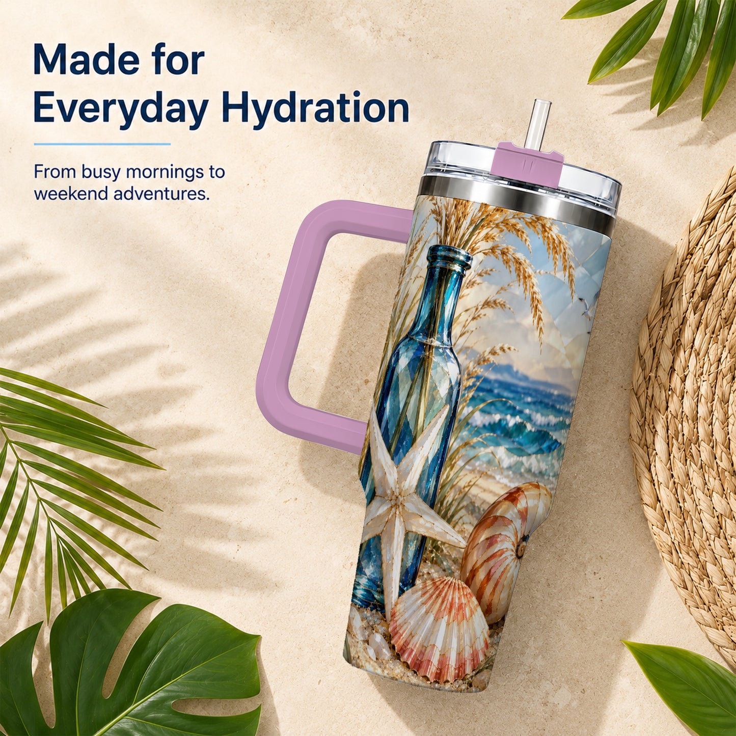 #pl[40oz|Pink] Seashell Starfish 40oz Tumbler with Handle, Stainless Steel Travel Cup