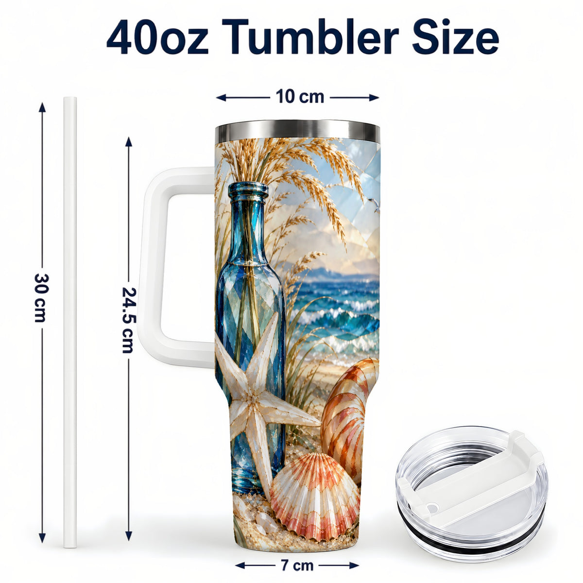 #pl[40oz|White] Seashell Starfish 40oz Tumbler with Handle, Stainless Steel Travel Cup