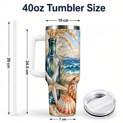 #pl[40oz|White] Seashell Starfish 40oz Tumbler with Handle, Stainless Steel Travel Cup