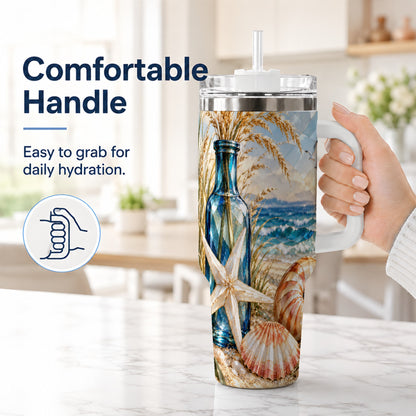 #pl[40oz|White] Seashell Starfish 40oz Tumbler with Handle, Stainless Steel Travel Cup