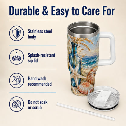 #pl[40oz|White] Seashell Starfish 40oz Tumbler with Handle, Stainless Steel Travel Cup