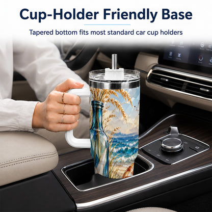 #pl[40oz|White] Seashell Starfish 40oz Tumbler with Handle, Stainless Steel Travel Cup