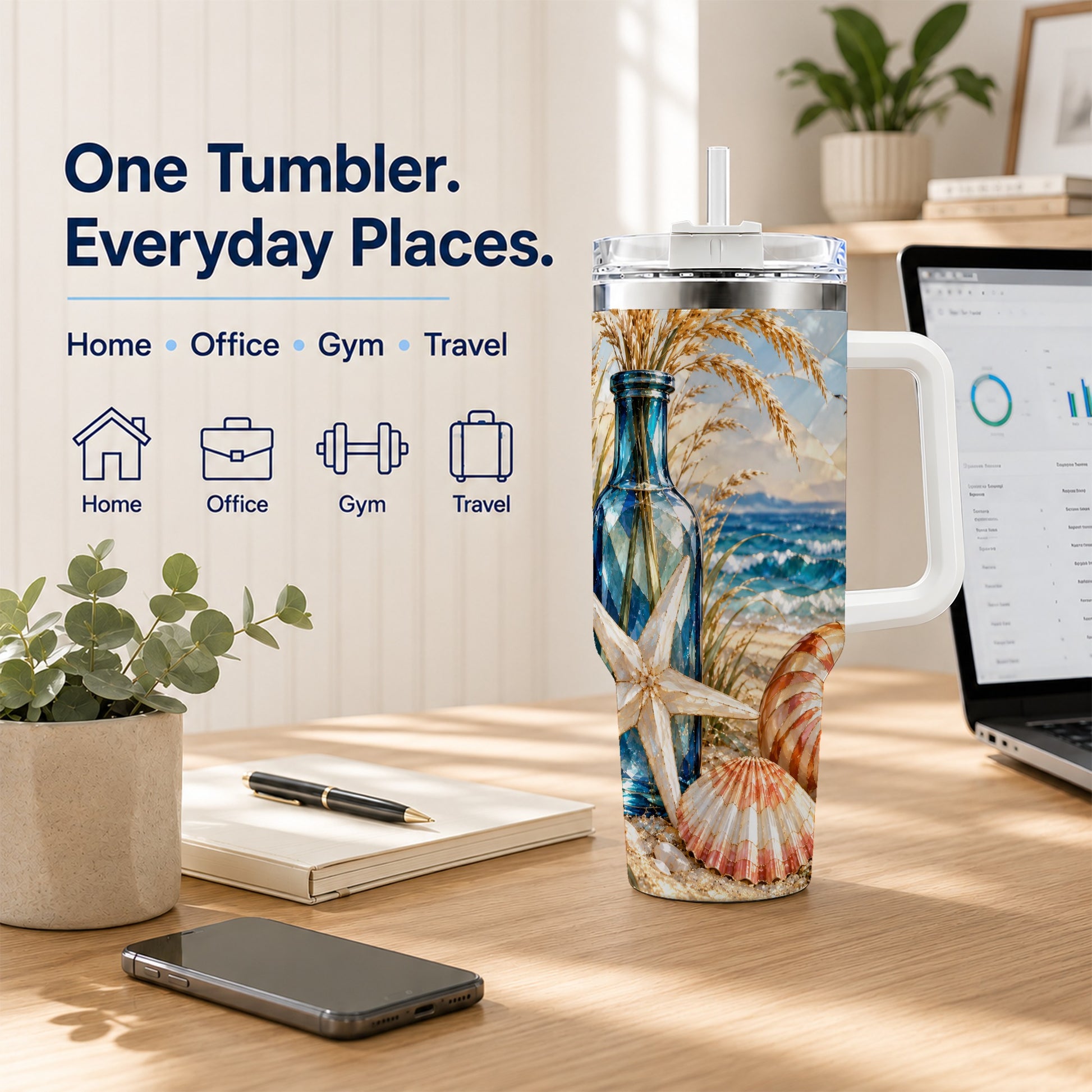 #pl[40oz|White] Seashell Starfish 40oz Tumbler with Handle, Stainless Steel Travel Cup