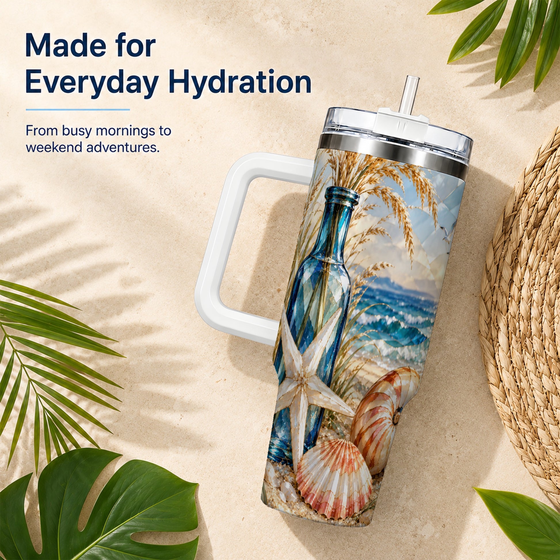 #pl[40oz|White] Seashell Starfish 40oz Tumbler with Handle, Stainless Steel Travel Cup