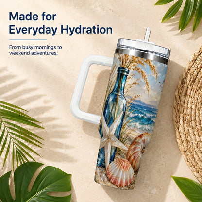 #pl[40oz|White] Seashell Starfish 40oz Tumbler with Handle, Stainless Steel Travel Cup