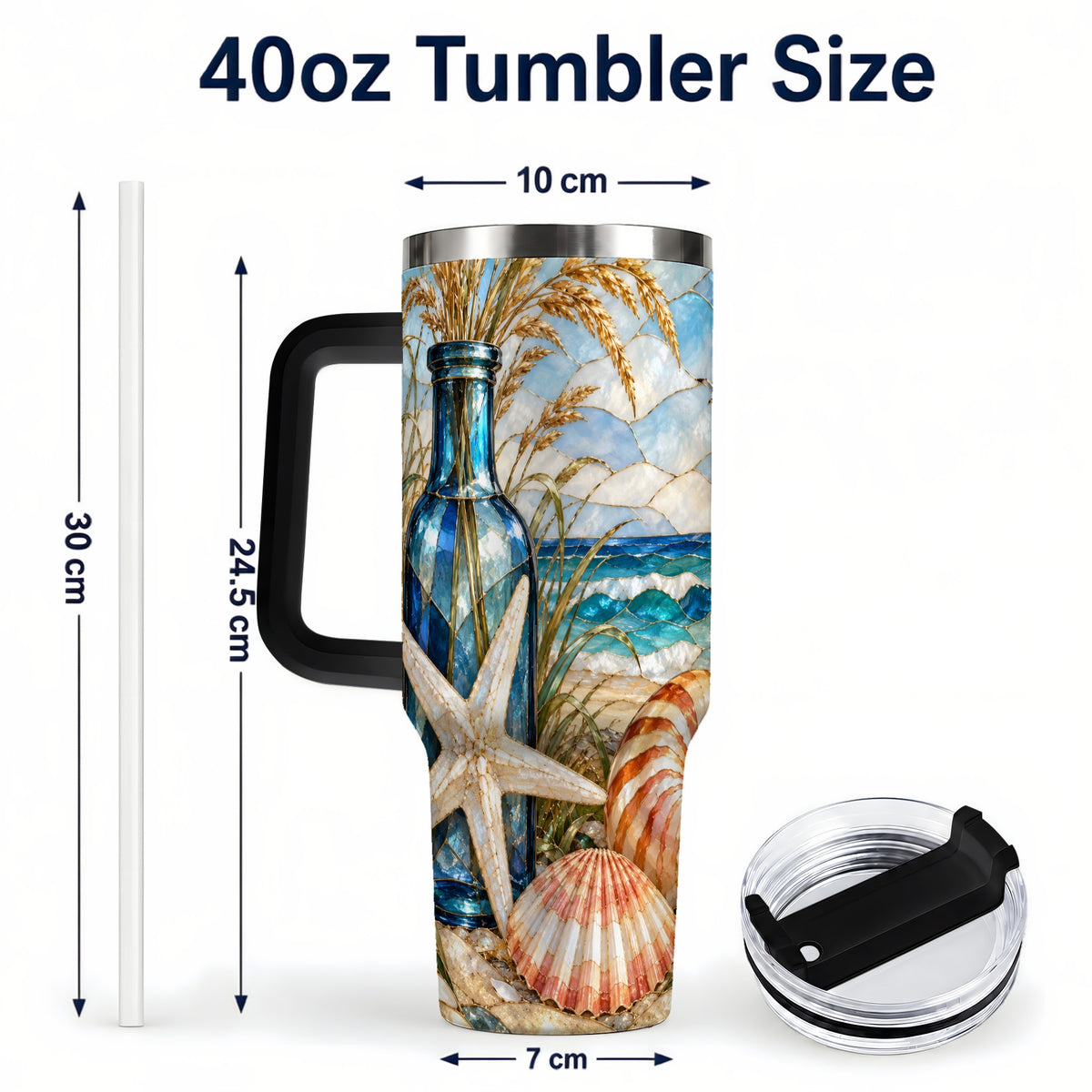 #pl[40oz|Black] Coastal Seashell 40oz Tumbler with Handle, Beach Stainless Steel Cup