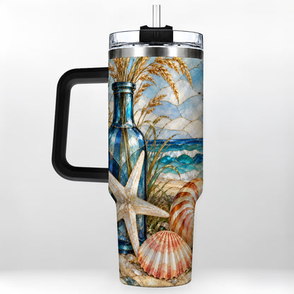 #pl[40oz|Black] Coastal Seashell 40oz Tumbler with Handle, Beach Stainless Steel Cup