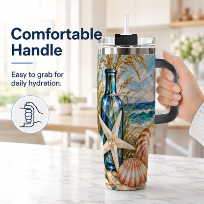 #pl[40oz|Black] Coastal Seashell 40oz Tumbler with Handle, Beach Stainless Steel Cup