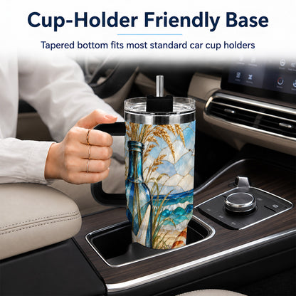 #pl[40oz|Black] Coastal Seashell 40oz Tumbler with Handle, Beach Stainless Steel Cup