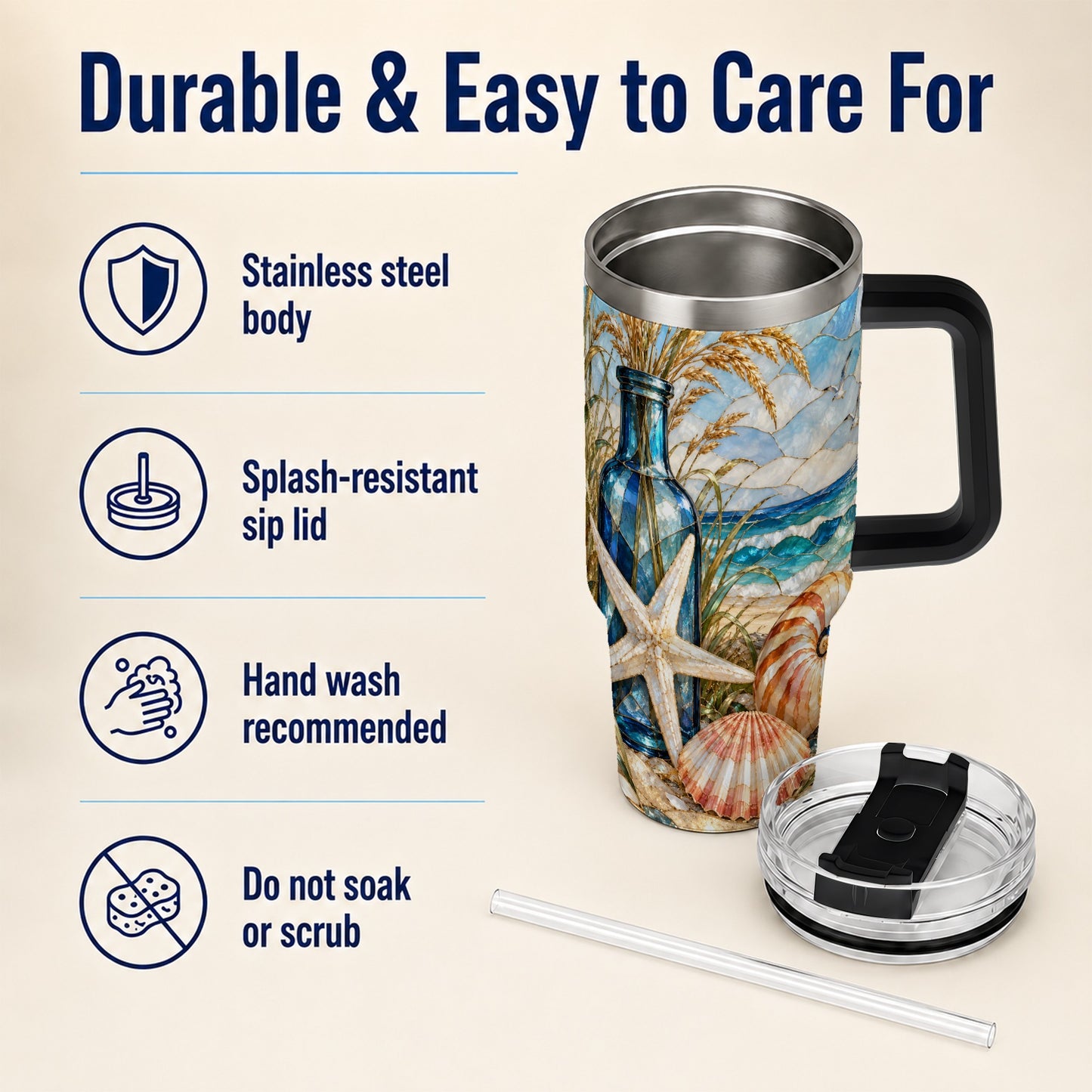#pl[40oz|Black] Coastal Seashell 40oz Tumbler with Handle, Beach Stainless Steel Cup