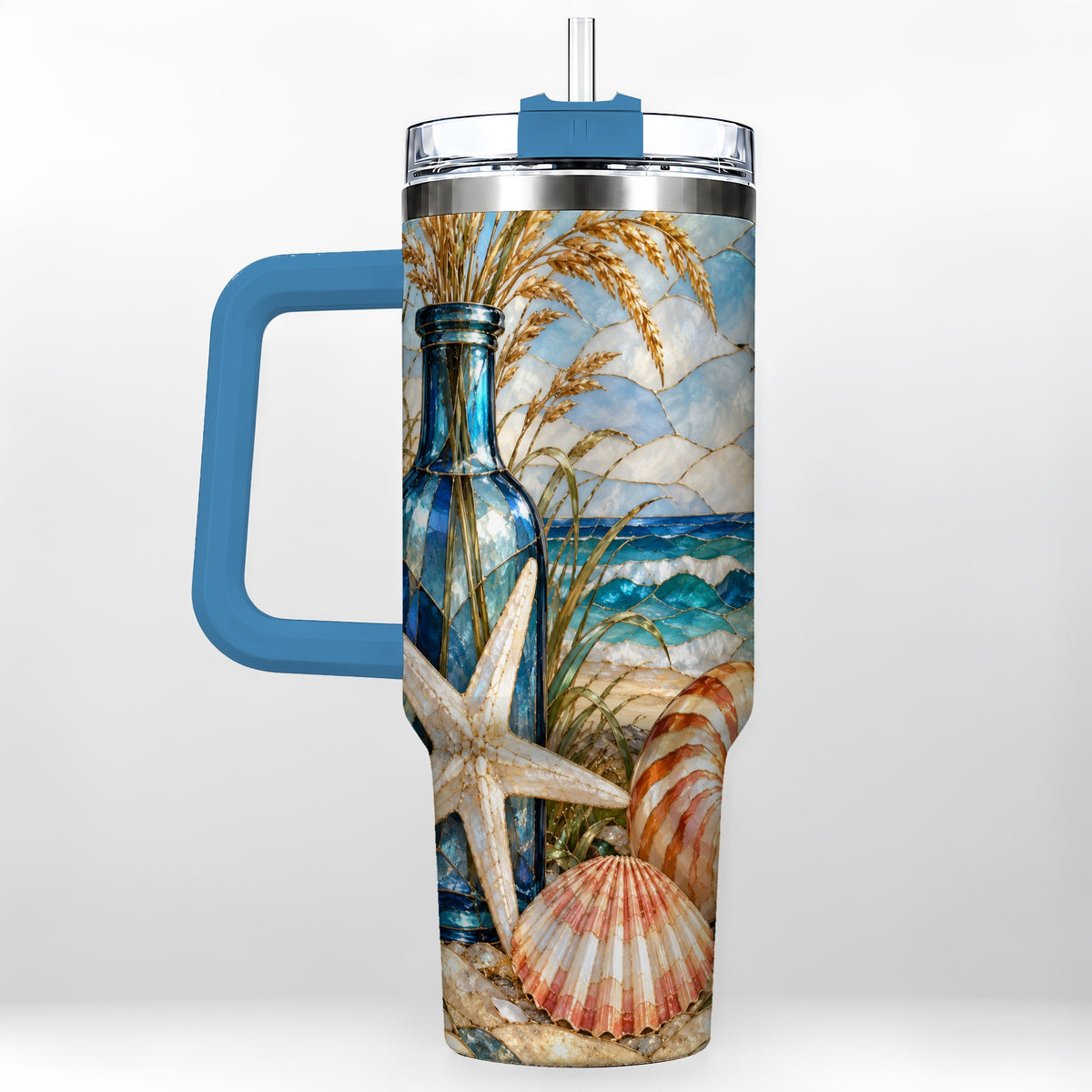 #pl[40oz|Blue] Coastal Seashell 40oz Tumbler with Handle, Beach Stainless Steel Cup