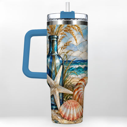 #pl[40oz|Blue] Coastal Seashell 40oz Tumbler with Handle, Beach Stainless Steel Cup