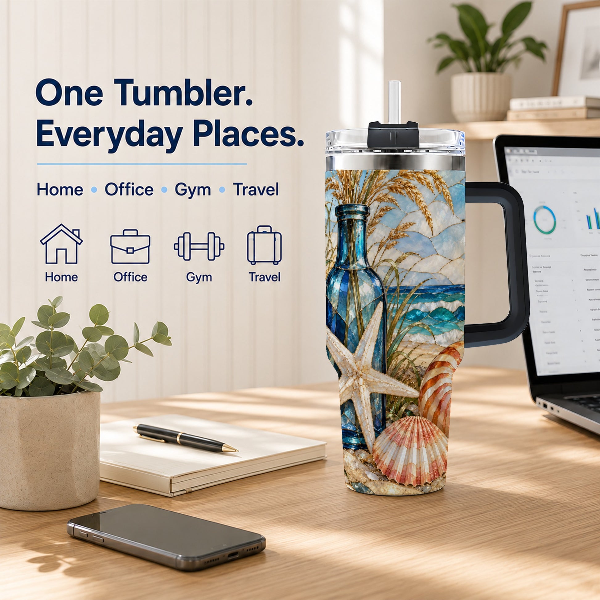 #pl[40oz|Black] Coastal Seashell 40oz Tumbler with Handle, Beach Stainless Steel Cup