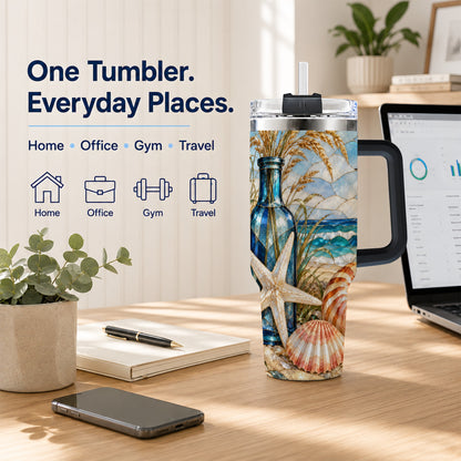 #pl[40oz|Black] Coastal Seashell 40oz Tumbler with Handle, Beach Stainless Steel Cup