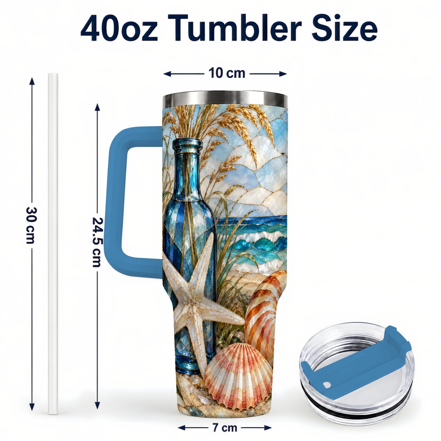 #pl[40oz|Blue] Coastal Seashell 40oz Tumbler with Handle, Beach Stainless Steel Cup