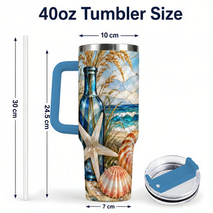 #pl[40oz|Blue] Coastal Seashell 40oz Tumbler with Handle, Beach Stainless Steel Cup