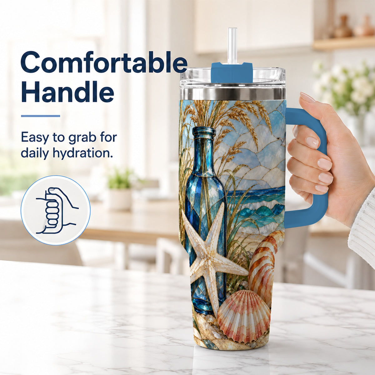 #pl[40oz|Blue] Coastal Seashell 40oz Tumbler with Handle, Beach Stainless Steel Cup