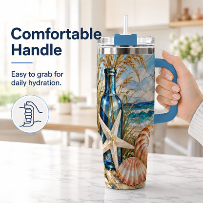 #pl[40oz|Blue] Coastal Seashell 40oz Tumbler with Handle, Beach Stainless Steel Cup