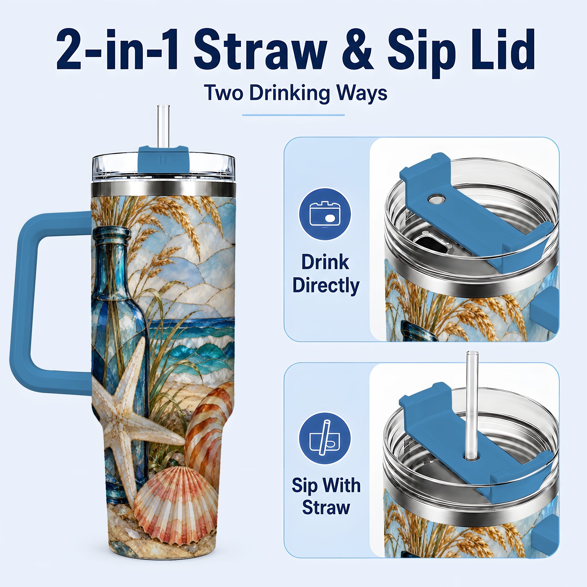 #pl[40oz|Blue] Coastal Seashell 40oz Tumbler with Handle, Beach Stainless Steel Cup