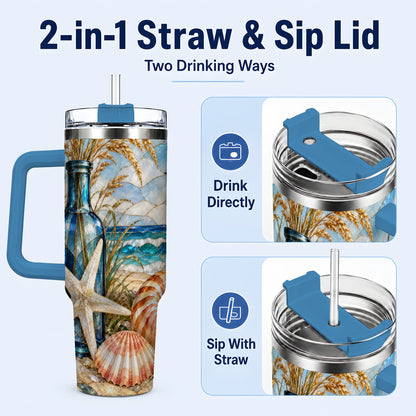 #pl[40oz|Blue] Coastal Seashell 40oz Tumbler with Handle, Beach Stainless Steel Cup