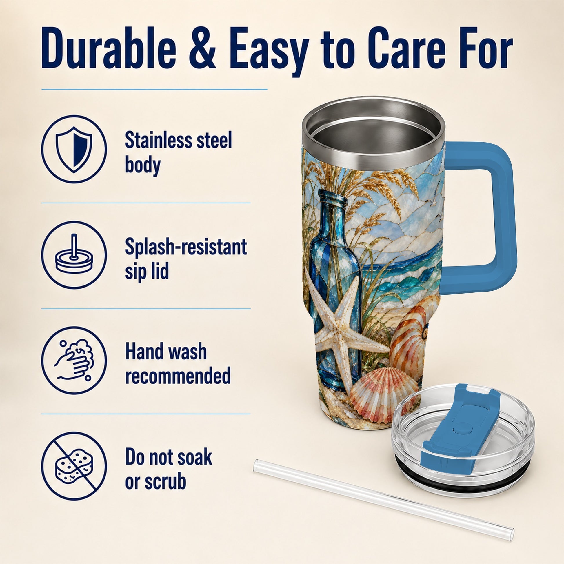 #pl[40oz|Blue] Coastal Seashell 40oz Tumbler with Handle, Beach Stainless Steel Cup