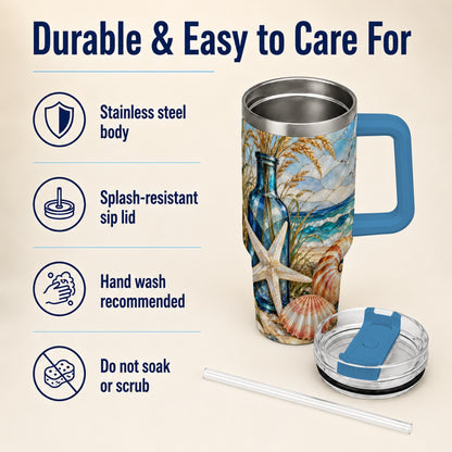 #pl[40oz|Blue] Coastal Seashell 40oz Tumbler with Handle, Beach Stainless Steel Cup