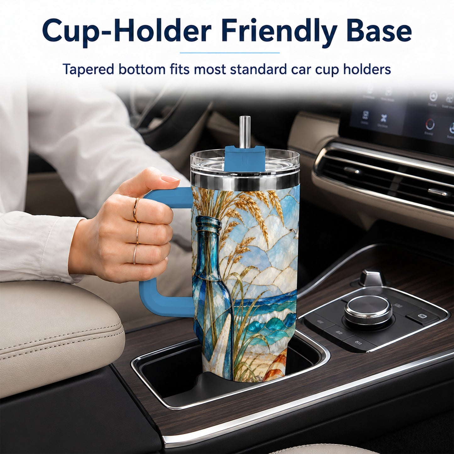 #pl[40oz|Blue] Coastal Seashell 40oz Tumbler with Handle, Beach Stainless Steel Cup