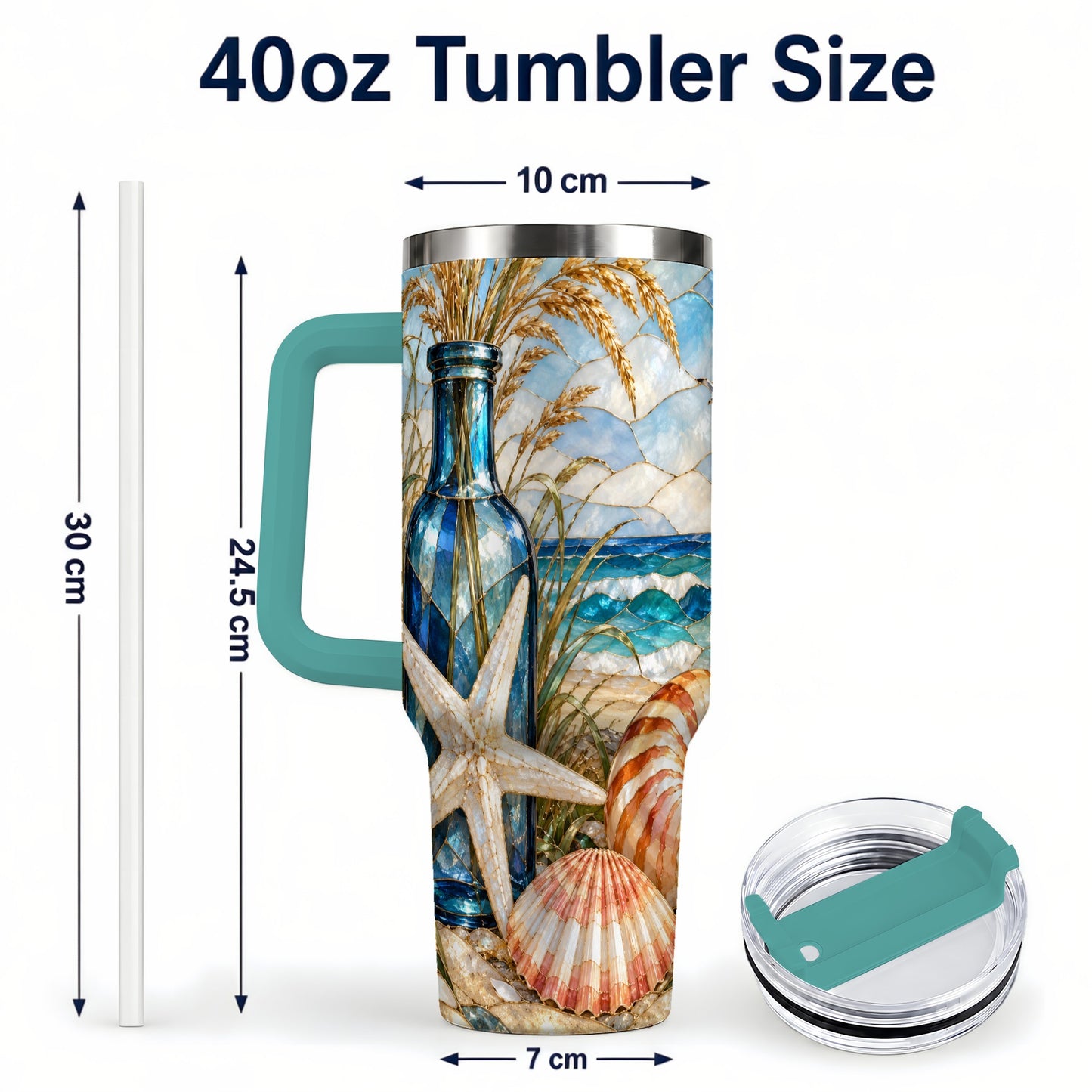 #pl[40oz|Green] Coastal Seashell 40oz Tumbler with Handle, Beach Stainless Steel Cup
