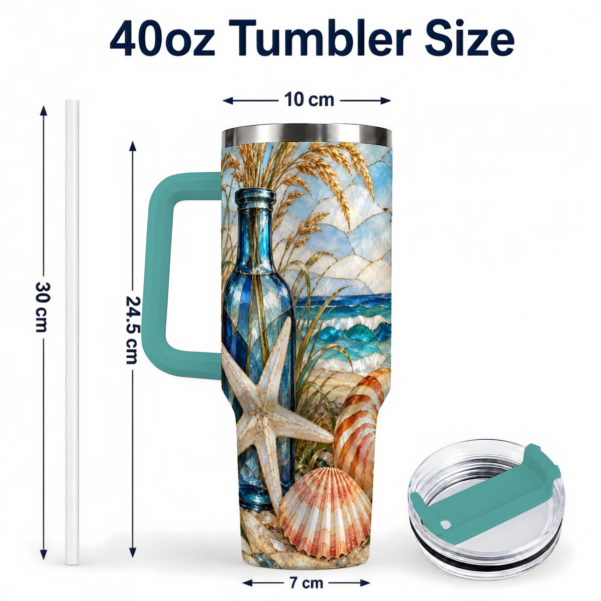 #pl[40oz|Green] Coastal Seashell 40oz Tumbler with Handle, Beach Stainless Steel Cup