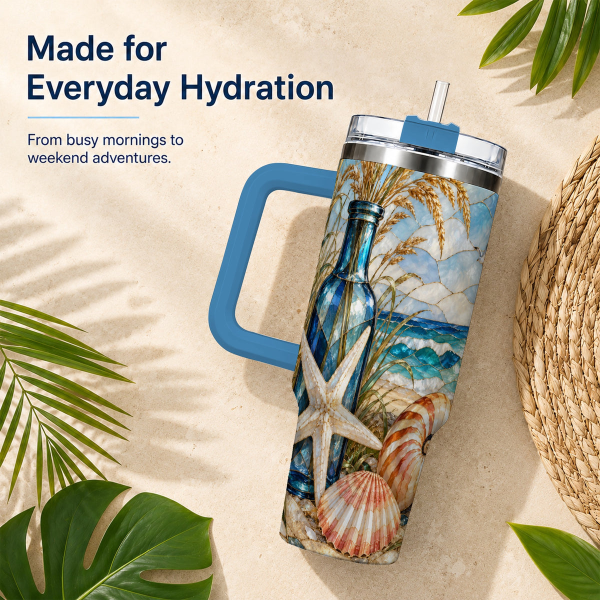 #pl[40oz|Blue] Coastal Seashell 40oz Tumbler with Handle, Beach Stainless Steel Cup