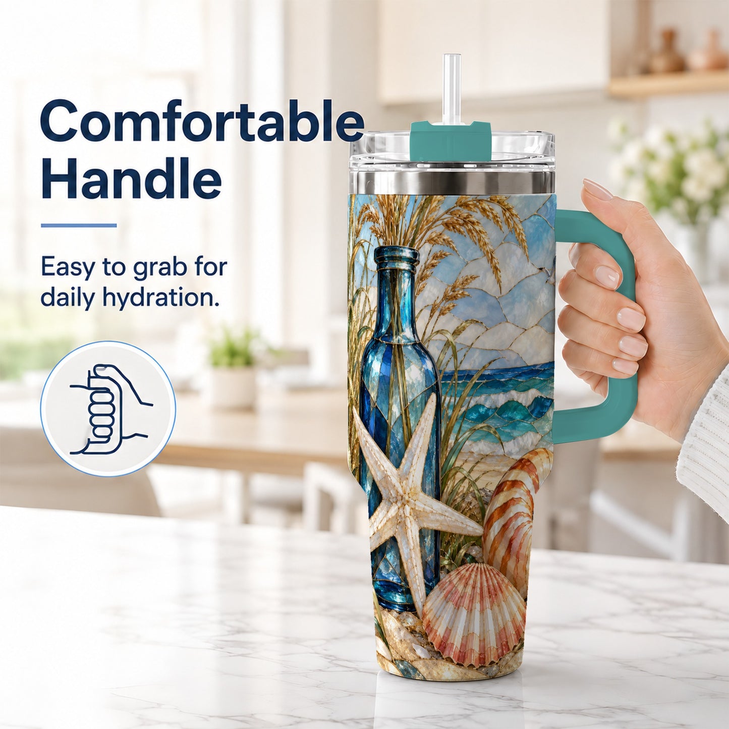 #pl[40oz|Green] Coastal Seashell 40oz Tumbler with Handle, Beach Stainless Steel Cup