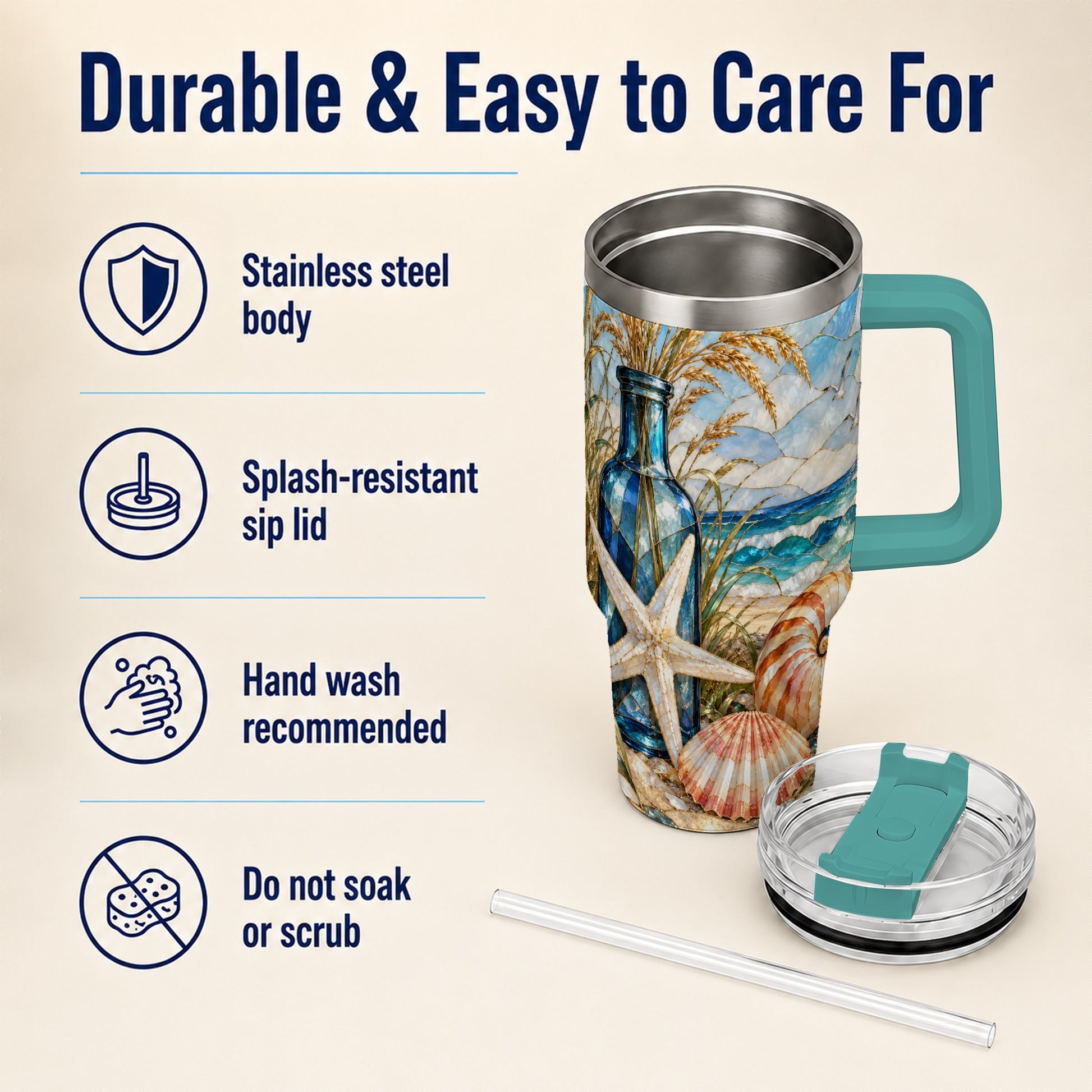 #pl[40oz|Green] Coastal Seashell 40oz Tumbler with Handle, Beach Stainless Steel Cup